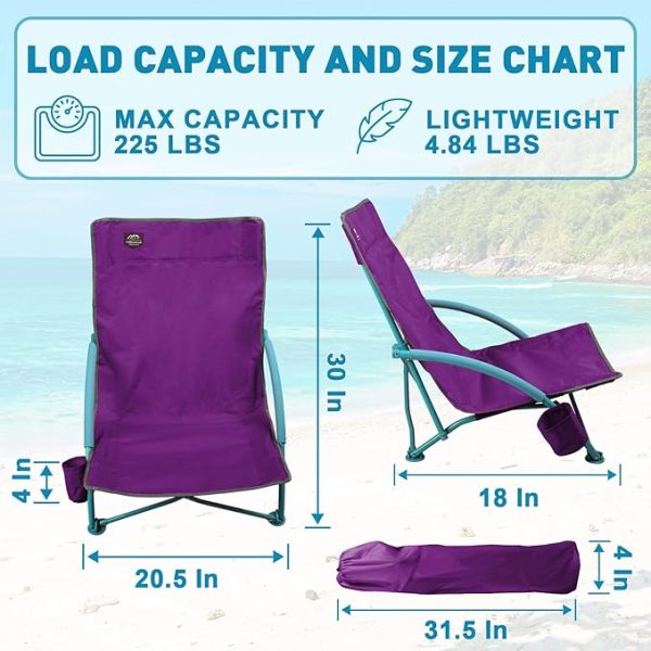 LANMOUNTAIN 2 Pack Low Beach Chair,Folding Recliner Camping Chair for Adults,Lightweight Backpacking Low Seat Camping Chairs with Cup Holder, Carry Bag for Outdoor Camp Lawn Picnic - Image 3
