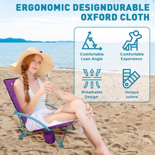 LANMOUNTAIN 2 Pack Low Beach Chair,Folding Recliner Camping Chair for Adults,Lightweight Backpacking Low Seat Camping Chairs with Cup Holder, Carry Bag for Outdoor Camp Lawn Picnic - Image 4